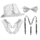 Men Jazz Dance Cosplay Golden Silver Sequin Hat Shoulder Strap Gloves Bow Tie - AwwwCos