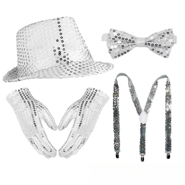 Men Jazz Dance Cosplay Golden Silver Sequin Hat Shoulder Strap Gloves Bow Tie - AwwwCos