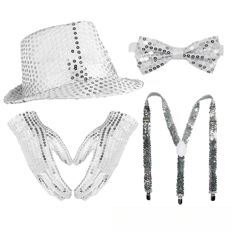 Men Jazz Dance Cosplay Golden Silver Sequin Hat Shoulder Strap Gloves Bow Tie - AwwwCos