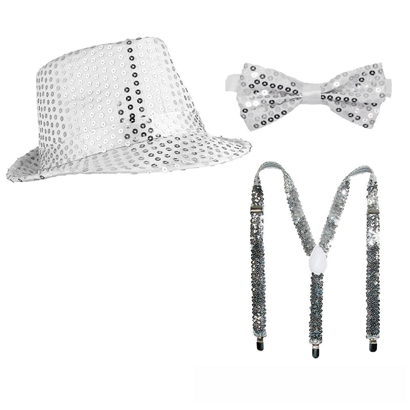 Men Jazz Dance Cosplay Golden Silver Sequin Hat Shoulder Strap Gloves Bow Tie - AwwwCos