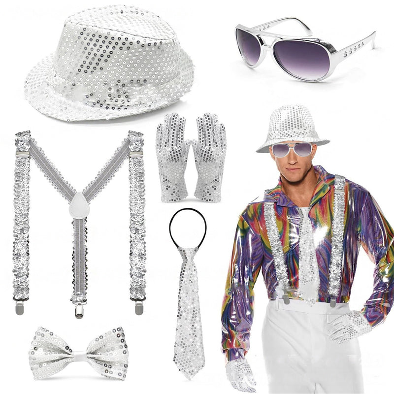 Men Jazz Dance Cosplay Golden Silver Sequin Hat Shoulder Strap Gloves Bow Tie - AwwwCos