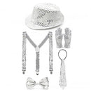 Men Jazz Dance Cosplay Golden Silver Sequin Hat Shoulder Strap Gloves Bow Tie - AwwwCos