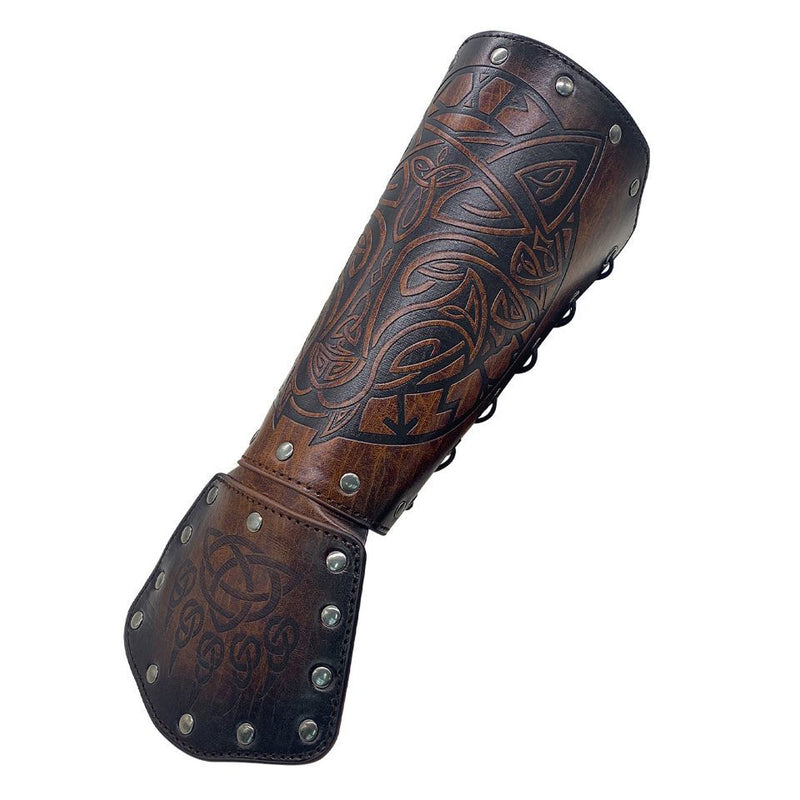 Men Knight Viking Wolf Head Cosplay Accessory Faux Leather Arm Guards Cuff - AwwwCos
