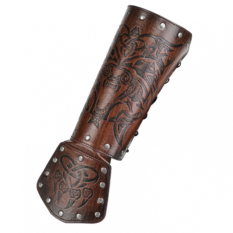 Men Knight Viking Wolf Head Cosplay Accessory Faux Leather Arm Guards Cuff - AwwwCos