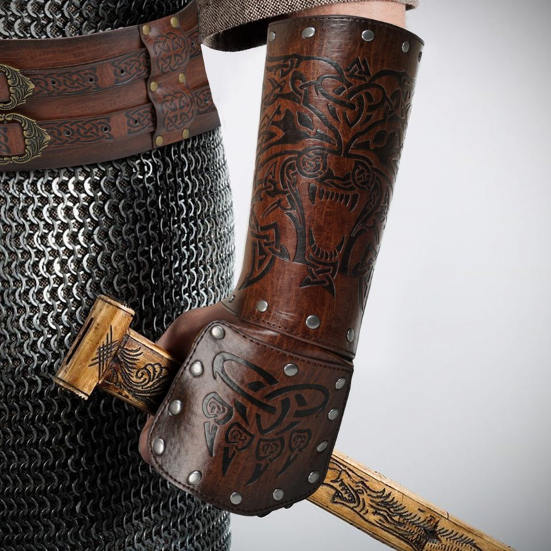 Men Knight Viking Wolf Head Cosplay Accessory Faux Leather Arm Guards Cuff - AwwwCos