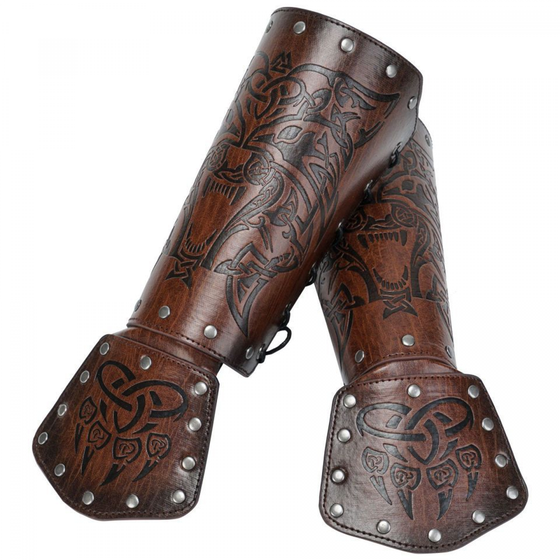 Men Knight Viking Wolf Head Cosplay Accessory Faux Leather Arm Guards Cuff - AwwwCos