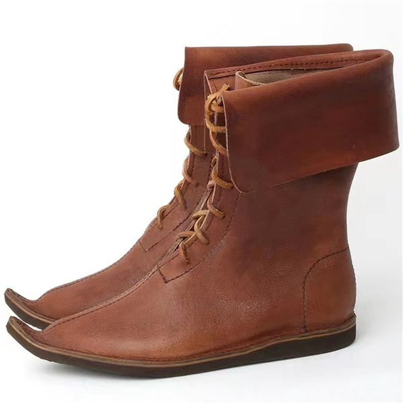 Men Medieval Cosplay Mid Boots Pirate Viking Tied Upturned shoes