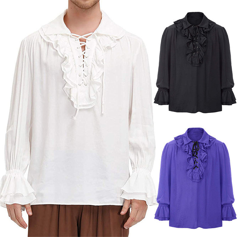Men Medieval Renaissance Pirate Long Sleeve Viking  Knight Warrior Shirts
