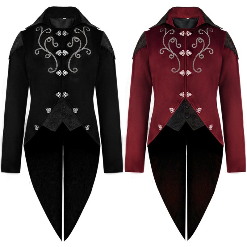 Men Medieval Vintage Tuxedo Costume Mid-Length Punk Applique Coat - AwwwCos