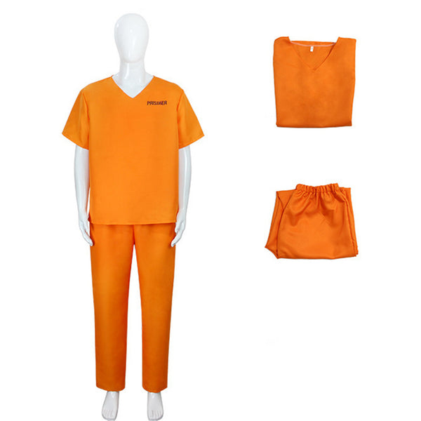 Men Orange Prisoner Costume Jail Criminal Short Sleeves Pants