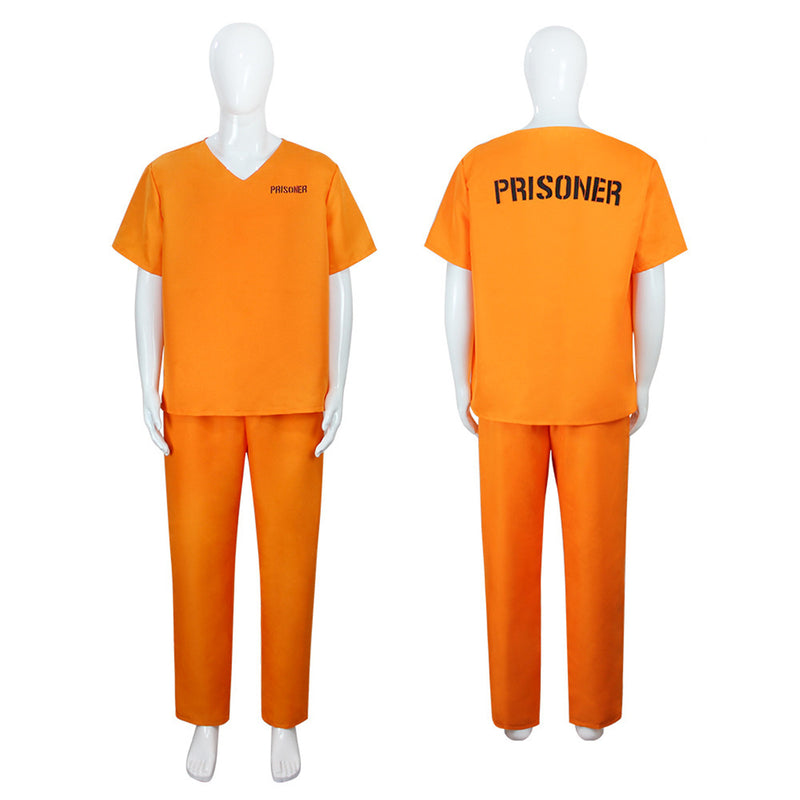 Men Orange Prisoner Costume Jail Criminal Short Sleeves Pants