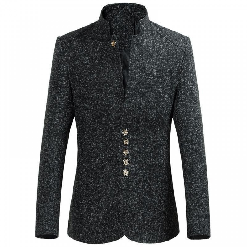 Men Solid Slim Fit Chinese Traditional Mandarin Collar Formal Suit Jacket