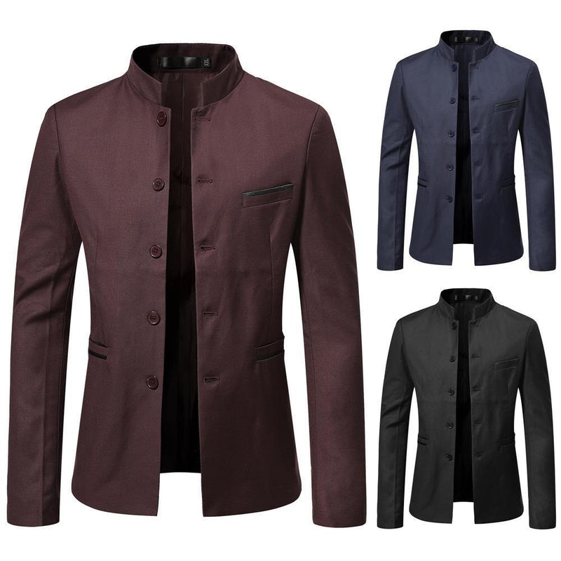 Men Stand Collar Business Coat Casual Single Breasted Blazer Jacket