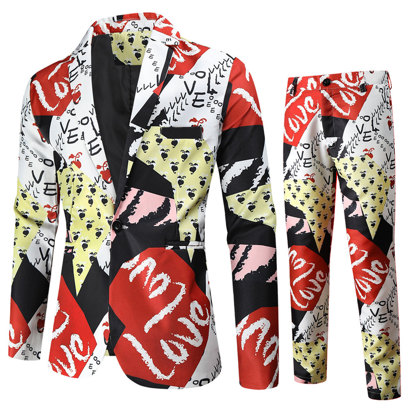 Men's Valentine's Day Slim Fit Suit 2 Piece One Button Printed Uniform