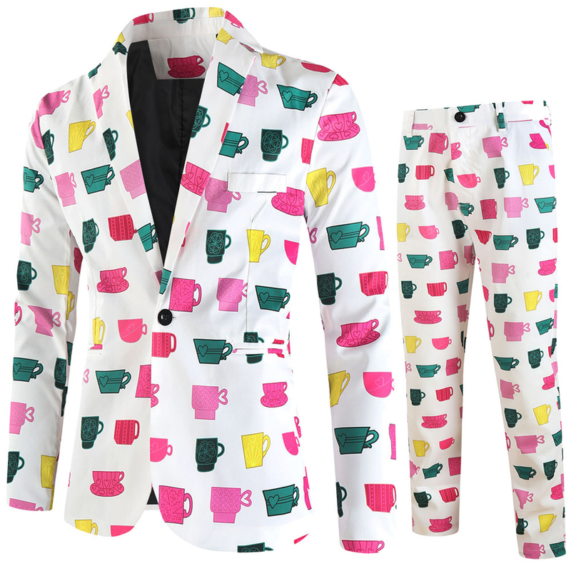 Men's Valentine's Day Slim Fit Suit 2 Piece One Button Printed Uniform