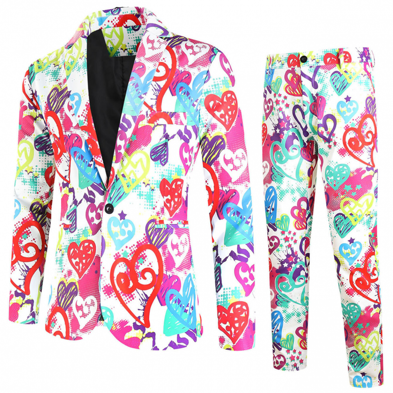 Men's Valentine's Day Slim Fit Suit 2 Piece One Button Printed Uniform