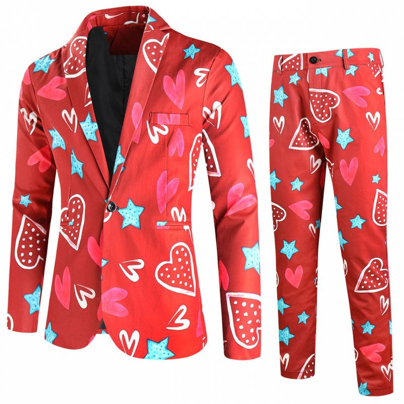 Men's Valentine's Day Slim Fit Suit 2 Piece One Button Printed Uniform