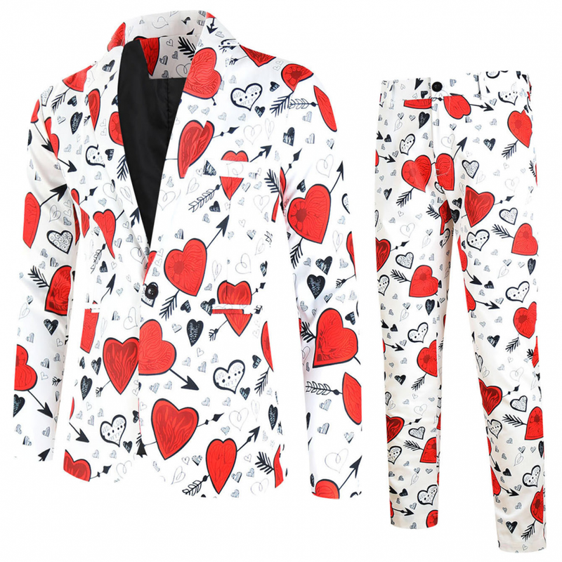 Men's Valentine's Day Slim Fit Suit 2 Piece One Button Printed Uniform