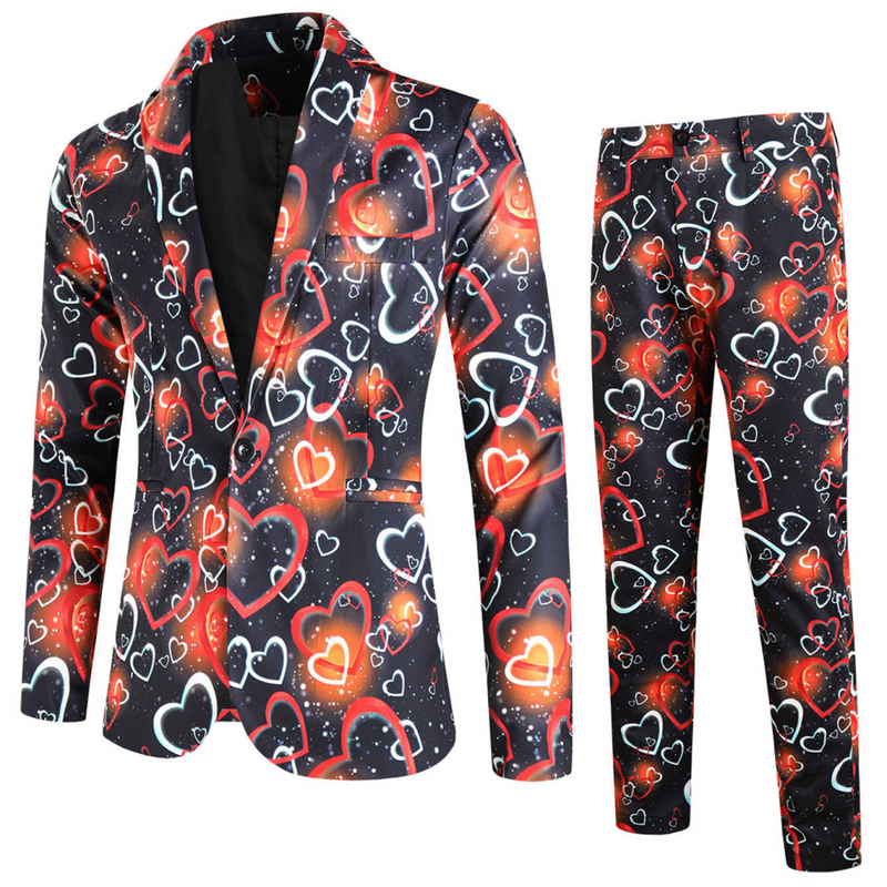 Men's Valentine's Day Slim Fit Suit 2 Piece One Button Printed Uniform