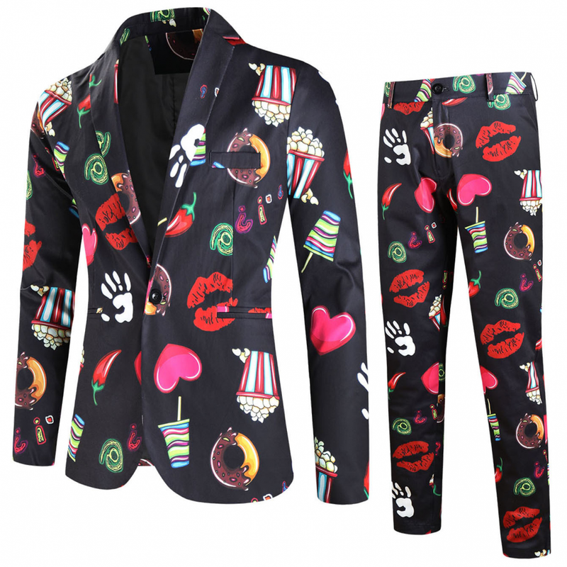 Men's Valentine's Day Slim Fit Suit 2 Piece One Button Printed Uniform