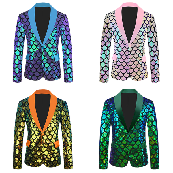 Men's Velvet Flip Fish Scale Sequin Dress Yolo Collar Color Jacket - AwwwCos