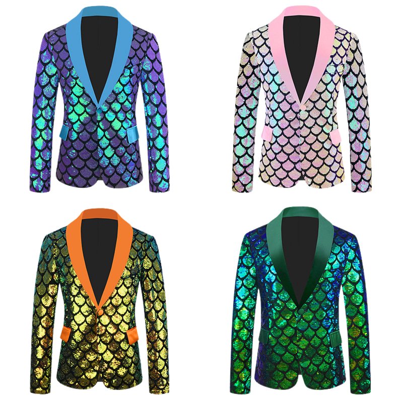 Men's Velvet Flip Fish Scale Sequin Dress Yolo Collar Color Jacket - AwwwCos