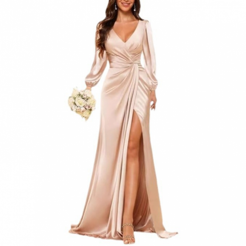 Mermaid Satin Bridesmaid Gown High Slit Formal Party Dress
