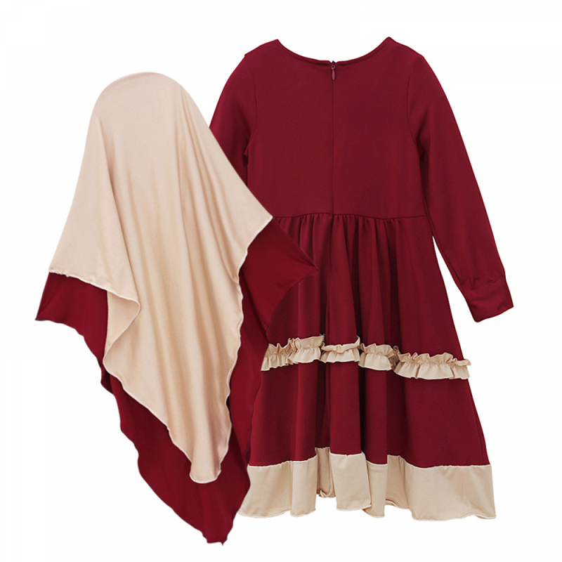 Muslim Islamic Abaya Dress for Girls Kids Prayer Dress Turban