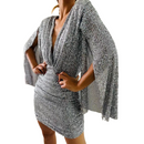 Night Flare Sleeve Deep V Neck Sparkly Sequin Bodycon Mini Dress