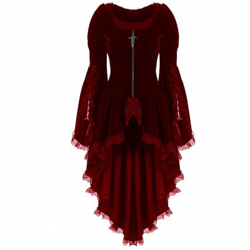 Noble Women Gothic Tailcoat Zip Up Lace Trim Flare Sleeve Victorian Jacket - AwwwCos