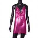 Pink Metallic Dress Crystal Glitter See Through Halter Mini Mesh Gown