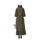 Pioneer Civil War Prairie Colonial Cosplay Costume Maid White Apron Green Dress