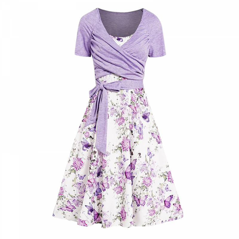 Plus Size Women Two Pieces Crop Top Set Floral  Ruffles Butterfly Cami Dress - AwwwCos