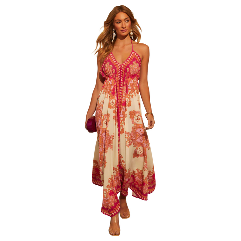 Plus Size V Neck Sling Printed Fairy Style Long Elegant Dress