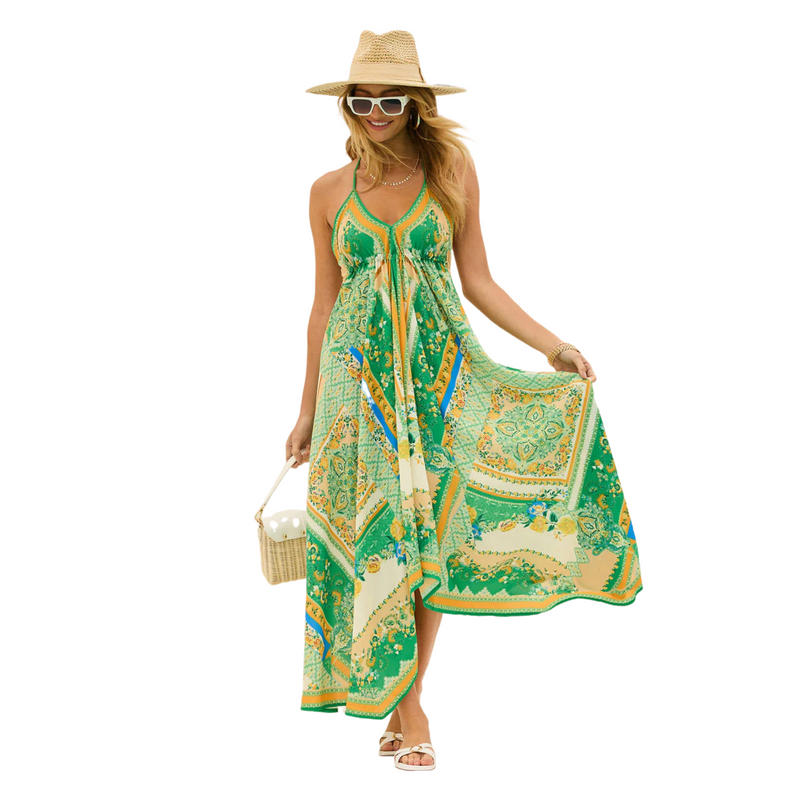 Plus Size V Neck Sling Printed Fairy Style Long Elegant Dress