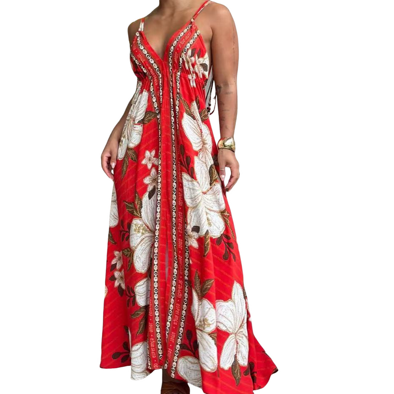 Plus Size V Neck Sling Printed Fairy Style Long Elegant Dress