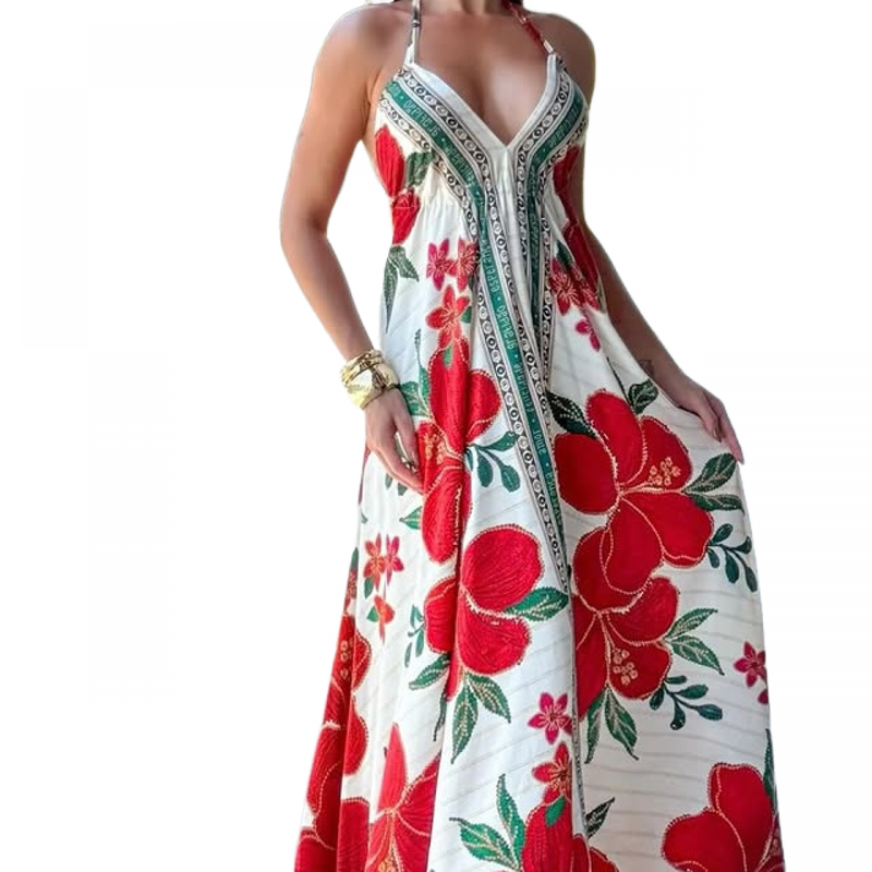 Plus Size V Neck Sling Printed Fairy Style Long Elegant Dress