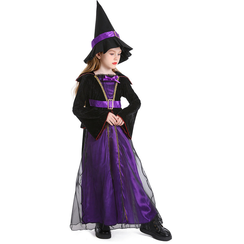 Purple Witch Long Cloak Dress Hat Kids Cosplay Costume