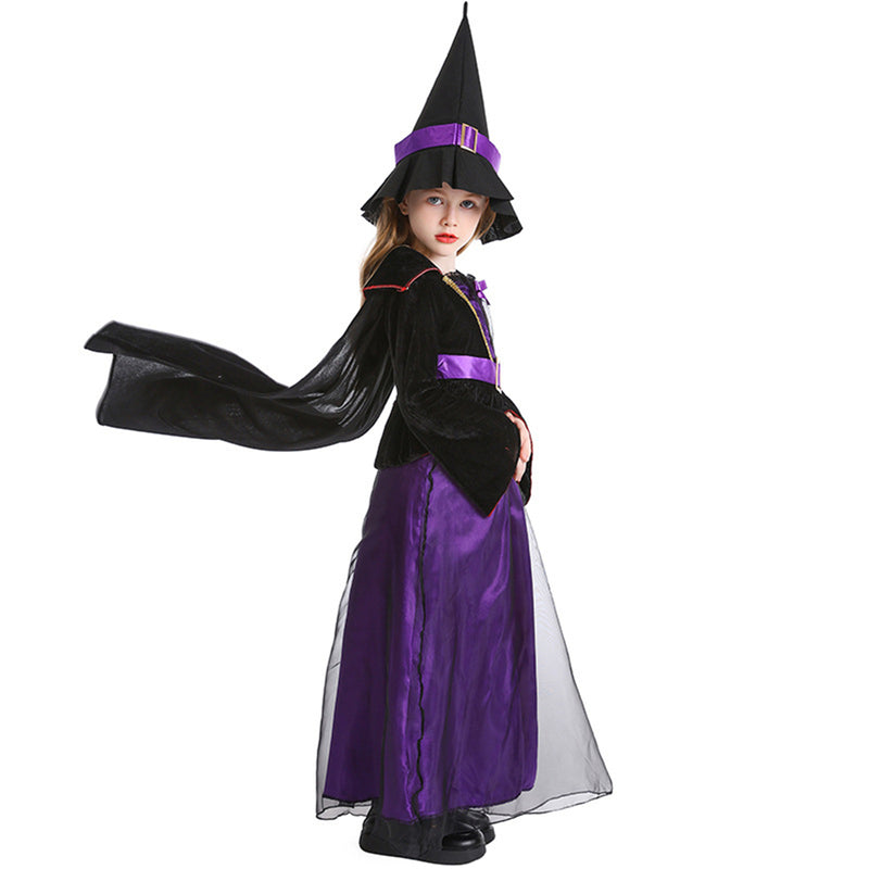 Purple Witch Long Cloak Dress Hat Kids Cosplay Costume