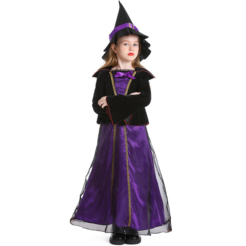 Purple Witch Long Cloak Dress Hat Kids Cosplay Costume
