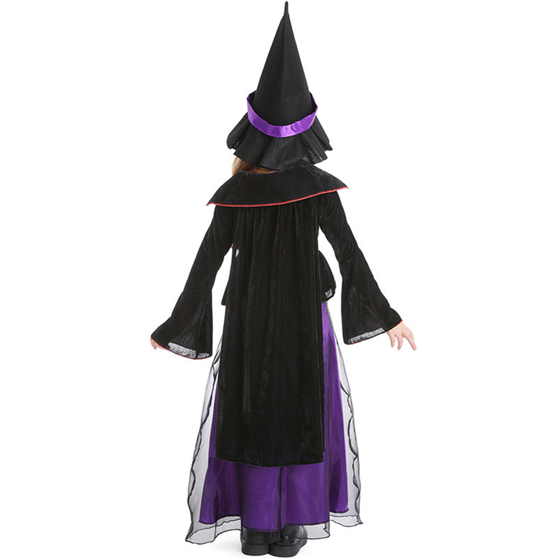 Purple Witch Long Cloak Dress Hat Kids Cosplay Costume
