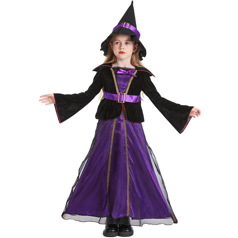 Purple Witch Long Cloak Dress Hat Kids Cosplay Costume
