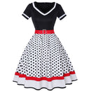 Retro 50s Hepburn Style Cotton V-neck Polka Dot Large Hemline Dress - AwwwCos