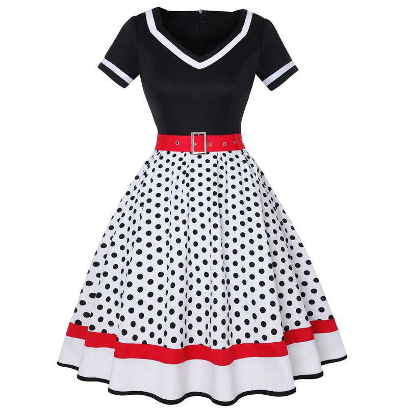 Retro 50s Hepburn Style Cotton V-neck Polka Dot Large Hemline Dress