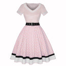 Retro 50s Hepburn Style Cotton V-neck Polka Dot Large Hemline Dress - AwwwCos