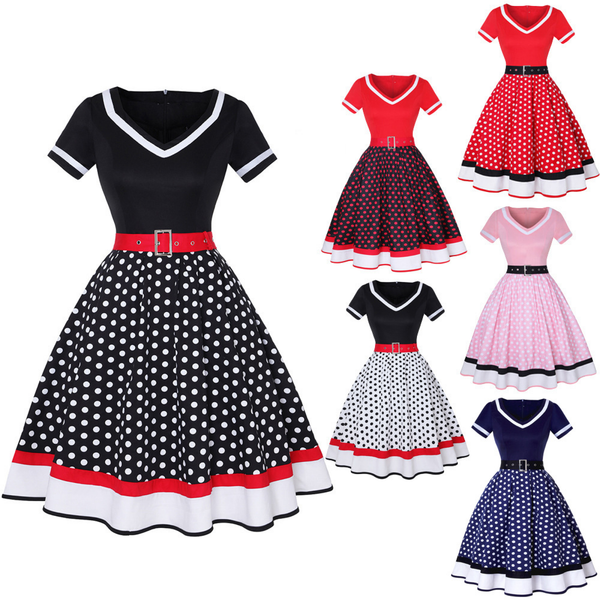 Retro 50s Hepburn Style Cotton V-neck Polka Dot Large Hemline Dress