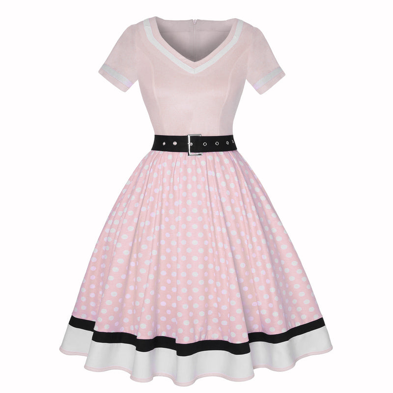 Retro 50s Hepburn Style Cotton V-neck Polka Dot Large Hemline Dress