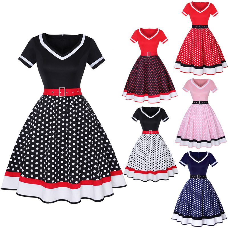 Retro 50s Hepburn Style Cotton V-neck Polka Dot Large Hemline Dress