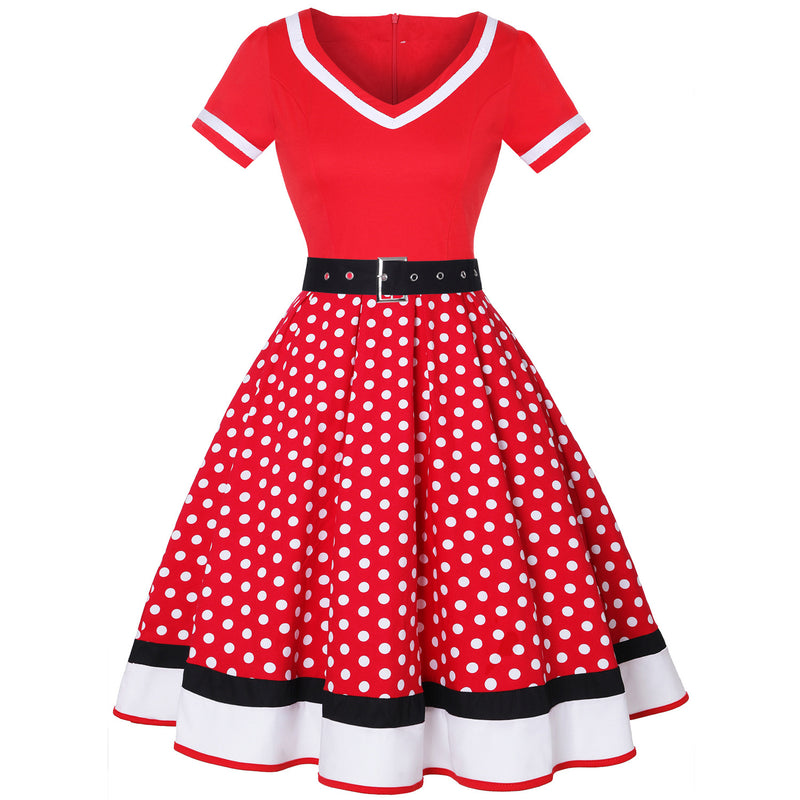 Retro 50s Hepburn Style Cotton V-neck Polka Dot Large Hemline Dress
