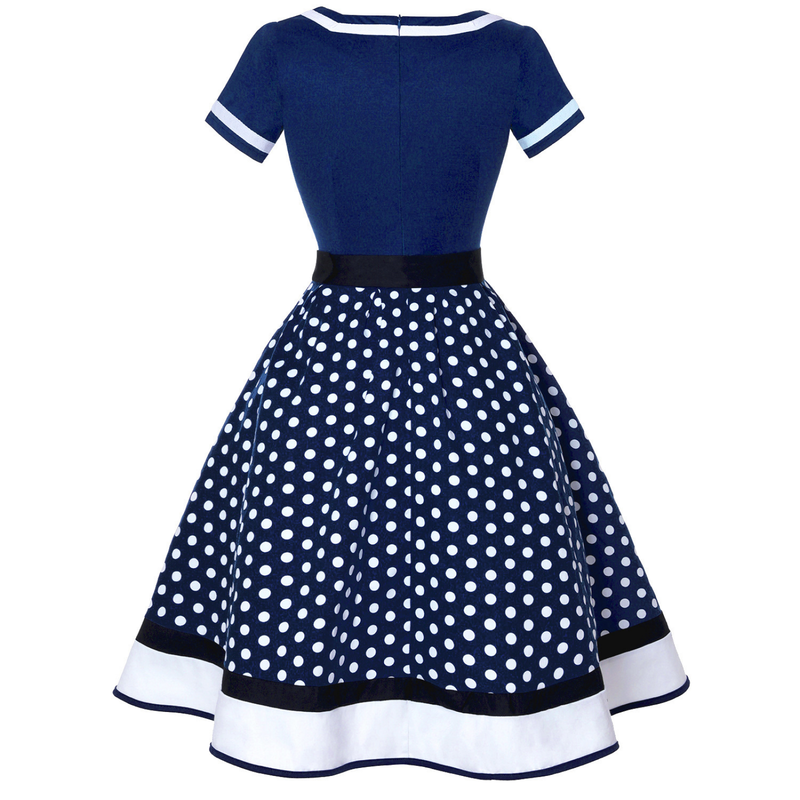 Retro 50s Hepburn Style Cotton V-neck Polka Dot Large Hemline Dress